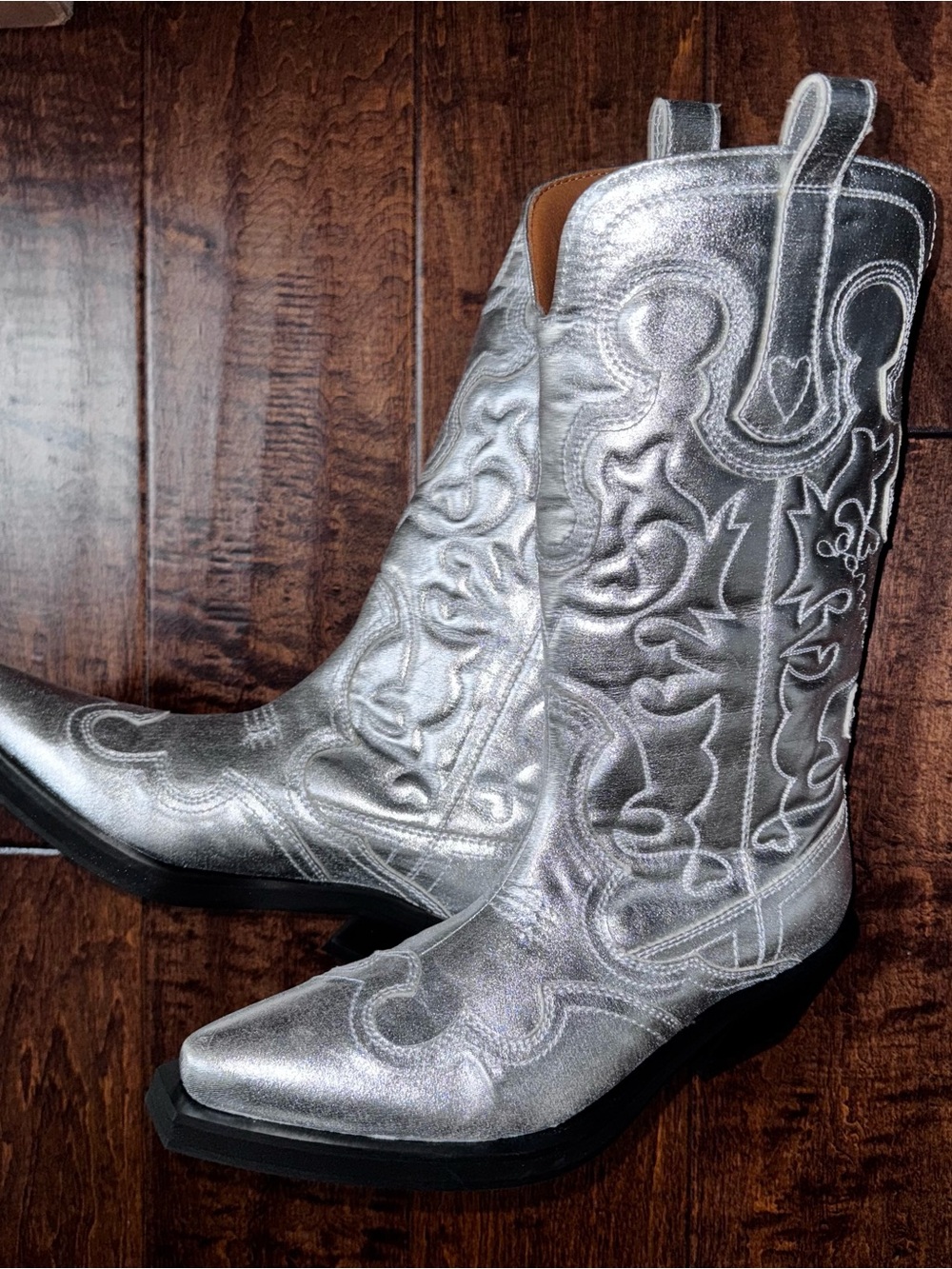 New Ganni Silver Mid Shaft Embroidered Western Cowboy Boots